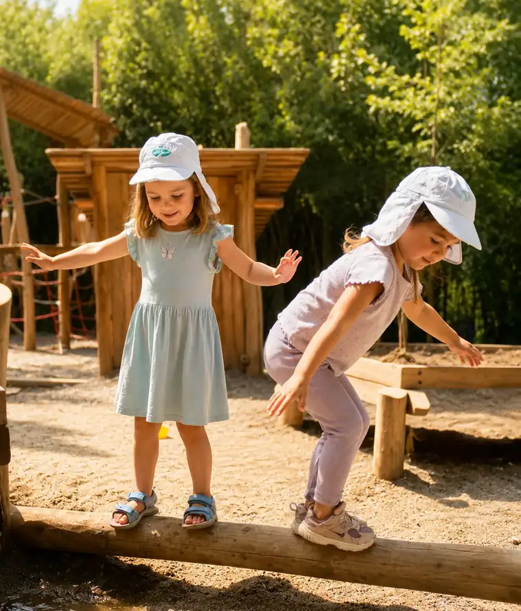 Zwei Kinder balancieren auf dem Gartenspielplatz der Kita Bärlis