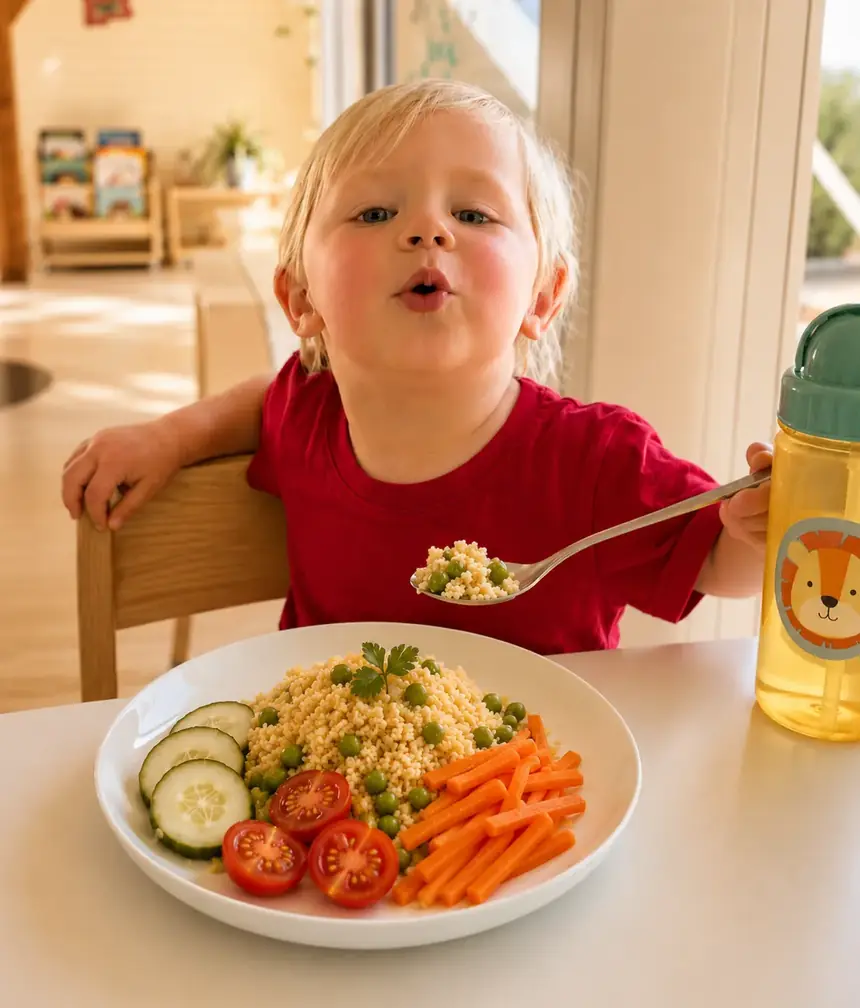 Kind isst frisch gekochtes Bio-Mittagessen in der Kinderkrippe Bärlis Zürich